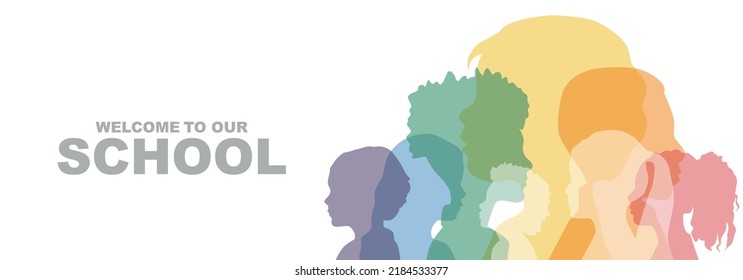 Welcome To Our School banner. Children stand side by side together. Flat vector illustration.	