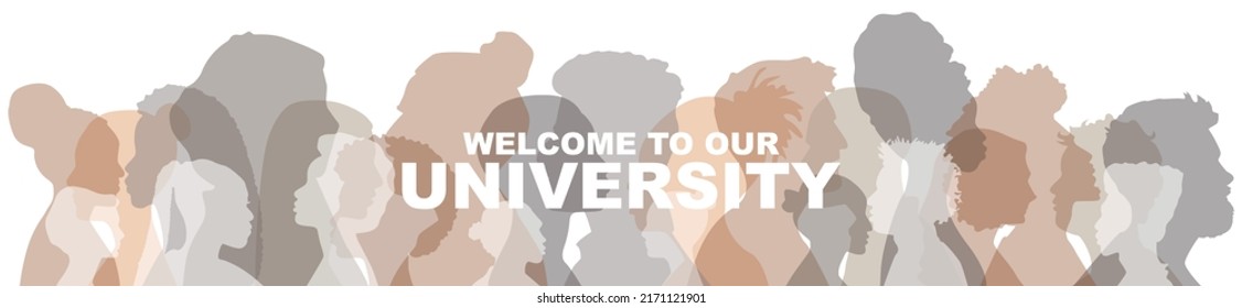 Welcome To Our University banner. People stand side by side together. Flat vector illustration.	