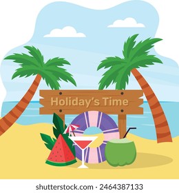 Welcome Pack on Holidays Resort concept, Kisby Ring with Cocktail and coconut drink vector colorful design, Nature landscape postcard, Scenic Summer Season Vibes Sign Idyllic Remote Beach illustration