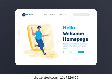 Welcome page header web template, A man waves his hand invitation illustration on landing page design