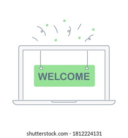 Welcome Page Icon With Confetti On The Computer Screen. Invitation To Get Started Work. Flat Line Vector Illustration On White