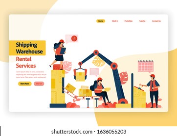 welcome page website for warehousing rental service companies, delivery transit, ports, aircraft cargo and public transportation. warehouse with box packing machines. landing page, banner, mobile apps