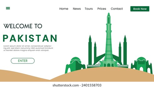 Bienvenidos a la emblemática ilustración vectorial de fondo de Pakistán. Afiche de viajes y turismo. Punto de referencia de los cuadrados que representan .