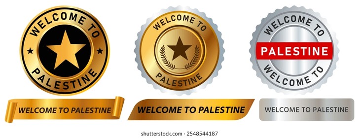 Welcome to Palestine country embrace greeting coming visit tourist destination tourism place stamp colorful badges emblem sticker ribbon banner medallion medal design icon set collection