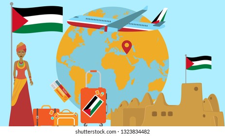 Welcome to Palestine postcard. Travel and safari concept of Africa world map vector illustration with national flag welcome background