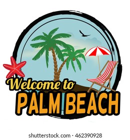 Welcome to Palm Beach concept in vintage graphic style for t-shirt and other print production on white background, vector illustration