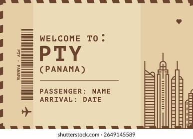 Welcome to Panama card template. Vector vintage style postcard illustration with airport code, skyline, flight info. Boarding pass, luggage tag style s image layout