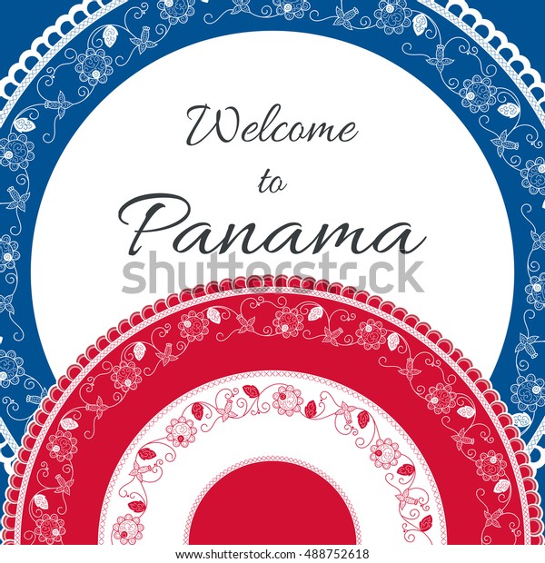 パナマへようこそ ベクターイラスト パナマの国旗の色に花粉飾の装飾を施した旅行デザイン 観光バナー はがき ギフトカード 観光チラシテンプレートのコンセプト のベクター画像素材 ロイヤリティフリー