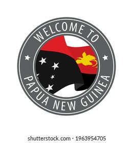 Welcome to Papua New Guinea. Gray stamp with a waving country flag. Collection of welcome icons.