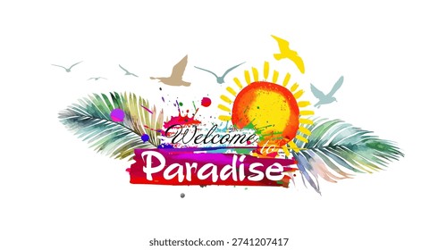 Welcome to paradise Abstraction of palm trees, sea and sun. Hand drawn. Not AI, vector illustration.