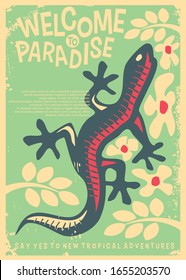 Bienvenidos al paraíso de retro floral con varias flores y lagarto de gecko colorido. Cartel de viaje de vacaciones a destinos tropicales. Diseño vectorial de animales de la jungla.