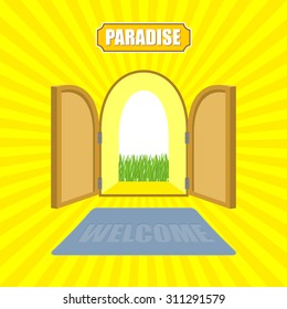 Welcome to paradise. Open gates of Eden gardens. Mat in front of door. Entrance to God. Vector illustration on religious topics