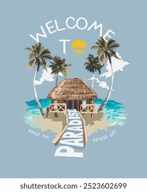 willkommen zum Paradies-Slogan mit Strandhütte auf Palmeninsel-Hintergrund, Vektorgrafik