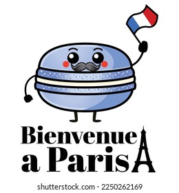Welcome to Paris, Cute macaroons cartoon illustration, Flat vector illustration design isolated on white background. Greeting card design