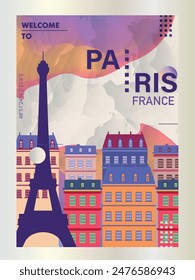 Welcome to Paris, France capital city poster with abstract shapes. Cool vector layout for vertical brochure, website, flyer, presentation