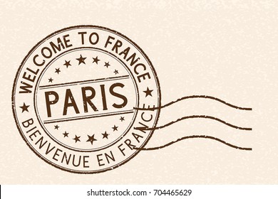 Welcome to Paris, France. Tourist brown stamp on beige background. Vector illustration