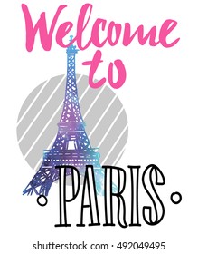 
Welcome to Paris. Stylish freehand drawing with Eiffel tower. National symbol. Card, poster, print.