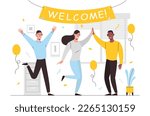 Welcome party concept. Men and women greet newcomer, member. Friendly team, colleagues and partners. People decorate room with air balloons and board with text. Cartoon flat vector illustration