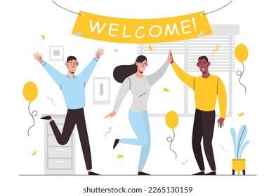 Welcome party concept. Men and women greet newcomer, member. Friendly team, colleagues and partners. People decorate room with air balloons and board with text. Cartoon flat vector illustration