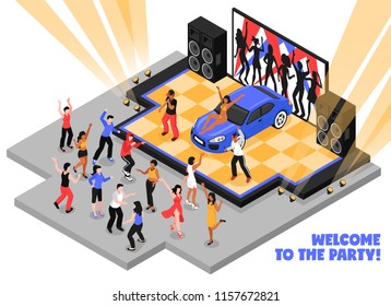 Welcome to the party isometric vector illustration with rappers performing rap music on stage and dancing teens 