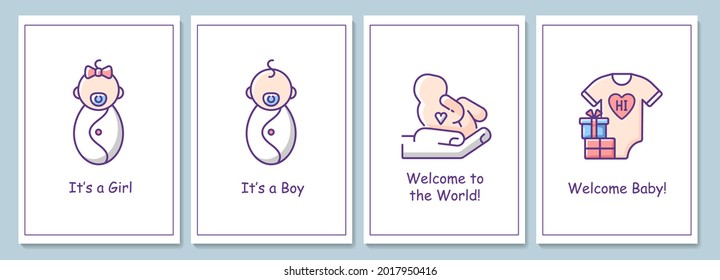 Welcome party for newborn baby greeting cards with color icon element set. Gender reveal. Postcard vector design. Decorative flyer with creative illustration. Notecard with congratulatory message