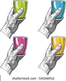 Welcome to the party. Set of hands holding glasses. Welcoming cards