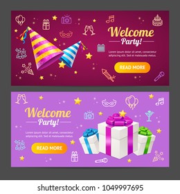 Welcome Party Template Card Horizontal Set Include of Gift Box and Hat for Celebrating. Vector illustration of Cards