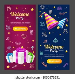 Welcome Party Template Invitation Card Vecrtical Set Include of Present Box and Cap. Vector illustration of Celebration Cards