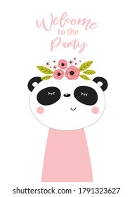 Bienvenidos al afiche de la fiesta vector panda. Caricatura linda panda. Invitación, postal
