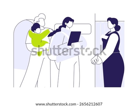Welcome passengers abstract concept vector illustration. Smiling flight attendants welcome passengers, airway transportation, commercial air transport, stewardess at work abstract metaphor.