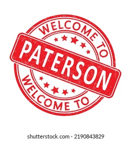 Welcome to Paterson. Impression of a round stamp with a scuff. Flat style