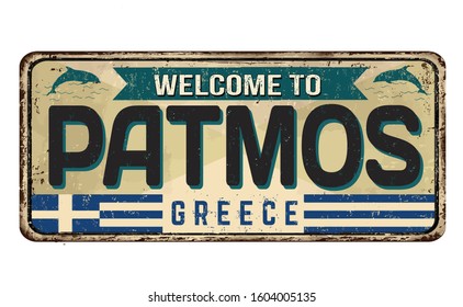 Welcome to Patmos vintage rusty metal sign on a white background, vector illustration