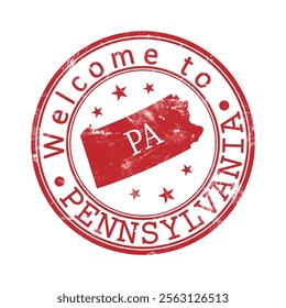 Welcome to Pennsylvania. A worn stamp with a silhouette of the state and an abbreviated designation. Print impression, a template for creative design