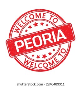 Bienvenido a PEORIA. Impresión de un sello redondo con una escoria. Estilo plano