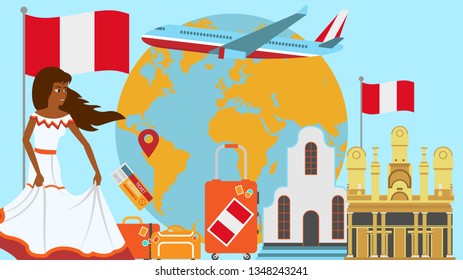Welcome to Peru postcard. Travel and journey concept of Latinos country vector illustration with national flag of Peru