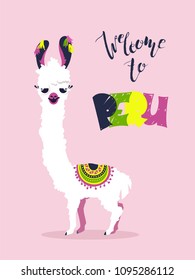 Welcome to Peru poster with cute cartoon lama and text "Welcome to Peru". Vector illustration