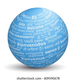 Welcome Phases in Many Different Languages Written on Surface of Isolated Blue Ball on White Background Vector Illustration.