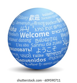 Welcome Phases in Many Different Languages Written on Surface of Isolated Blue Ball on White Background Vector Illustration.