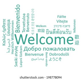 Welcome phrase in different languages. Vector words cloud concept.
