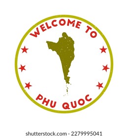 Welcome to Phu Quoc stamp. Grunge island round stamp with texture in Chicken Comb color theme. Vintage style geometric Phu Quoc seal. Modern vector illustration.