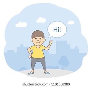 Welcome picture for presentations. A friendly young man is waving his hand and saying HI, city silhouette on background. Isolated vector illustration in line style.