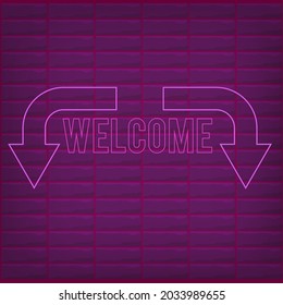El efecto neón rosado de bienvenida con un fondo de ladrillo brillante efecto de luz. puede utilizarse para el diseño de neon box, afiche, banner, volante, folleto, folleto, folleto, folleto, catálogo, web, sitio web, recursos gráficos de sitios web