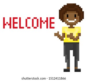 Welcome pixel art game vector, woman smiling greeting people, lady gesturing, positive character pixelated personage expressing emotions welcoming