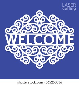 Welcome plate template laser cutting machine for wood, metal and paper. Stencil Welcome for your design. Cake topping template for cutting.