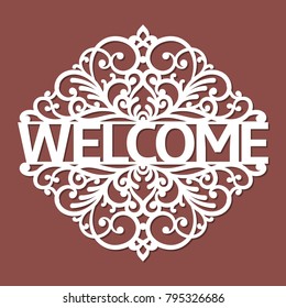 Welcome plate template laser cutting machine for wood, metal and paper. Stencil Welcome for your design. Cake topping template for cutting.