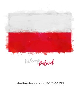 Welcome to Poland banner. National flag Republic of Poland in watercolor style. Polska symbol and print design. Vector illustration.