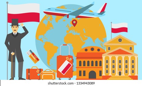 Welcome to Poland postcard. Travel and safari concept of Europe world map vector illustration with national flag