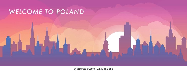 Bem-vindo ao horizonte da Polônia com panorama das cidades, faixa de vetor de gradiente. Colorido Varsóvia, Lodz, Cracóvia, Bydgoszcz silhueta para rodapé, vapor, cabeçalho, gráfico horizontal