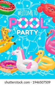 Welcome to pool party with inflatable rings toys. Vector summer pool invitation, poster inflatable swimming toys, float and swim illustration