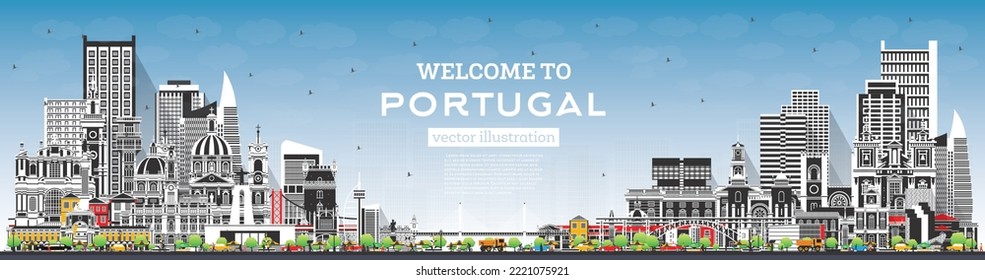 Welcome to Portugal. City Skyline with Gray Buildings and Blue Sky. Vector Illustration. Concept with Modern and Historic Architecture. Portugal Cityscape with Landmarks. Porto and Lisbon.